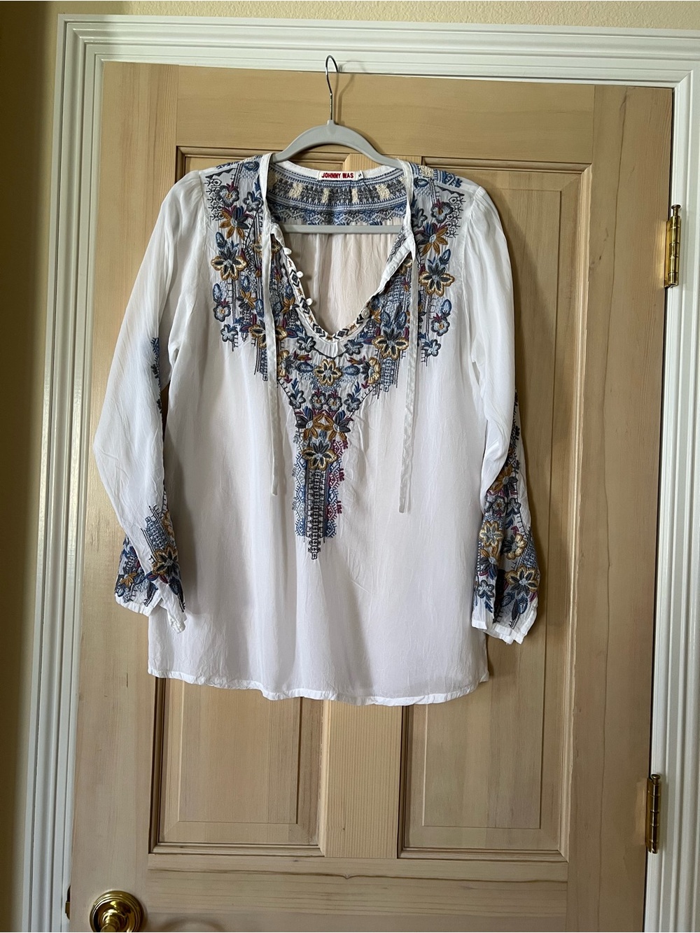 Johnny Was White V-Neck Embroidered Boho Blouse with Blue and Gold Accents